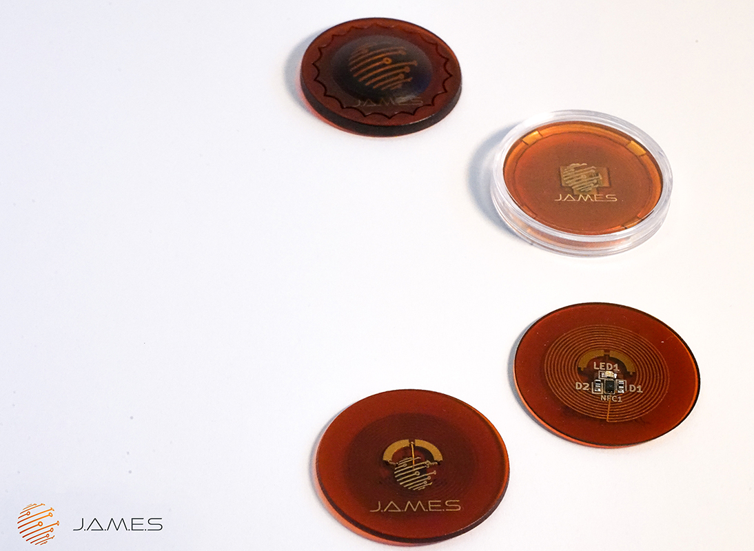 The J.A.M.E.S Coin is a near-field communication tag that demonstrates a way to print antenna coils and free-formed plate capacitors under the strictest space limitations. Image: J.A.M.E.S