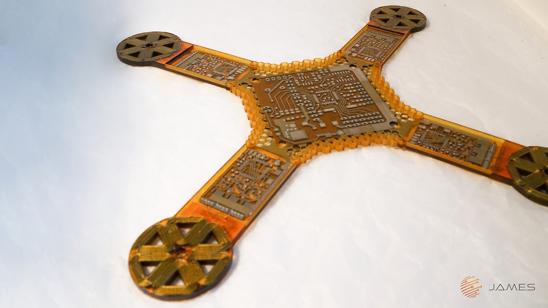 A glimpse of the future of additively manufactured electronics: J.A.M.E.S’s electronic drone framework, including all the circuit paths and motor coils. Image: J.A.M.E.S.