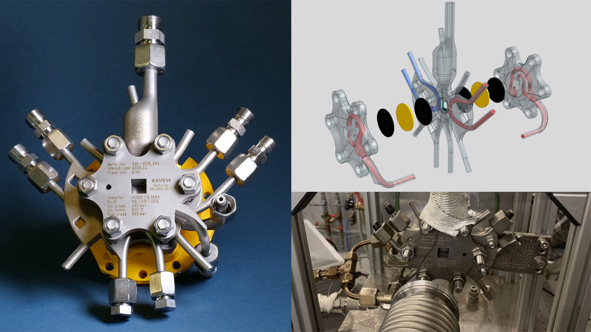 Scientific equipment for operando catalyst characterization under alternating reaction conditions using synchrotron light for extended X-ray absorption fine structure (EXAFS) spectroscopy, already operated at 250 °C / 90 bar H2/CO2 at DESY Hamburg and ESRF Grenoble (350 bar pressure tested). Pictures: Siemens AG; KIT-ITCP