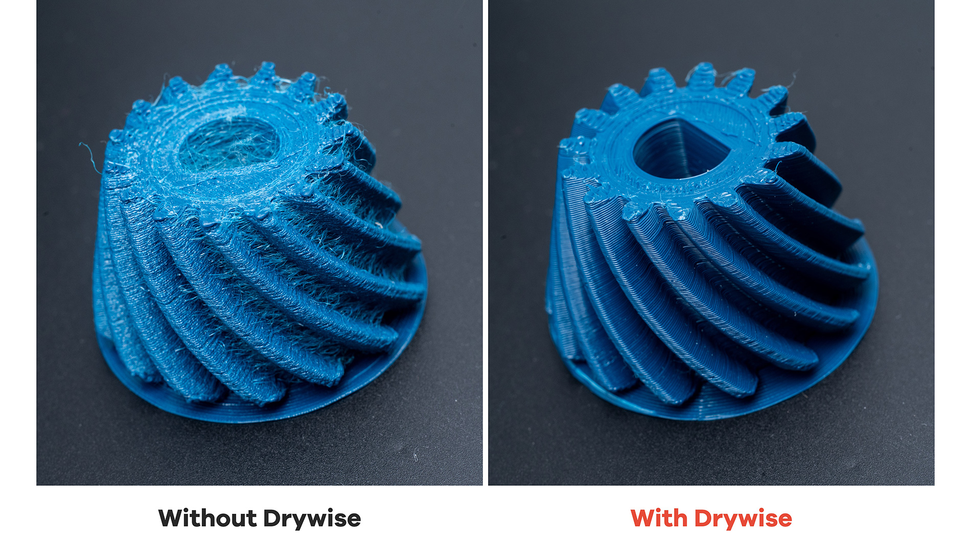 Dasselbe Zahnrad, derselbe Drucker, dieselben Einstellungen und dasselbe Filament. Der einzige Unterschied: Drywise deaktiviert (links) und aktiviert (rechts).