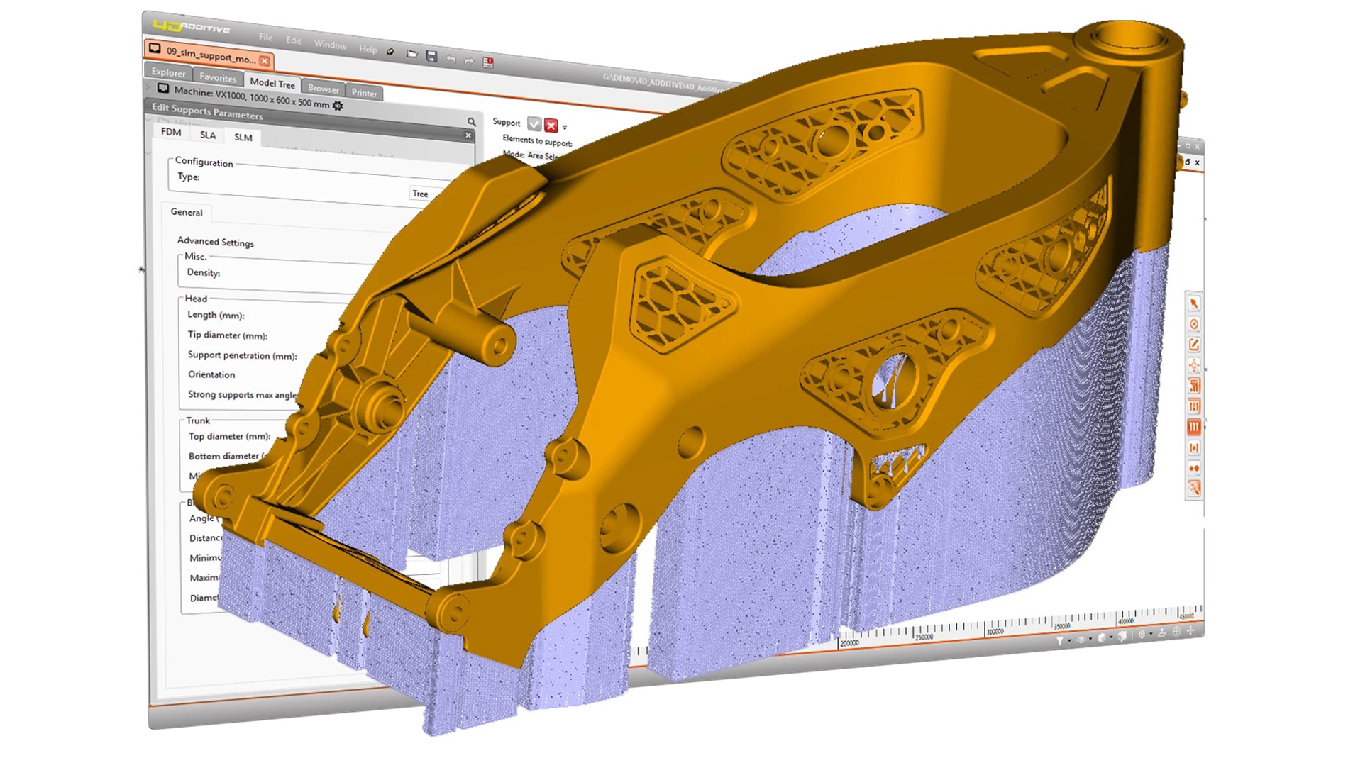 Version 1.8 of the 4D_Additive software generates complex lattice structures and dedicated SLM supports. Courtesy: CoreTechnologie