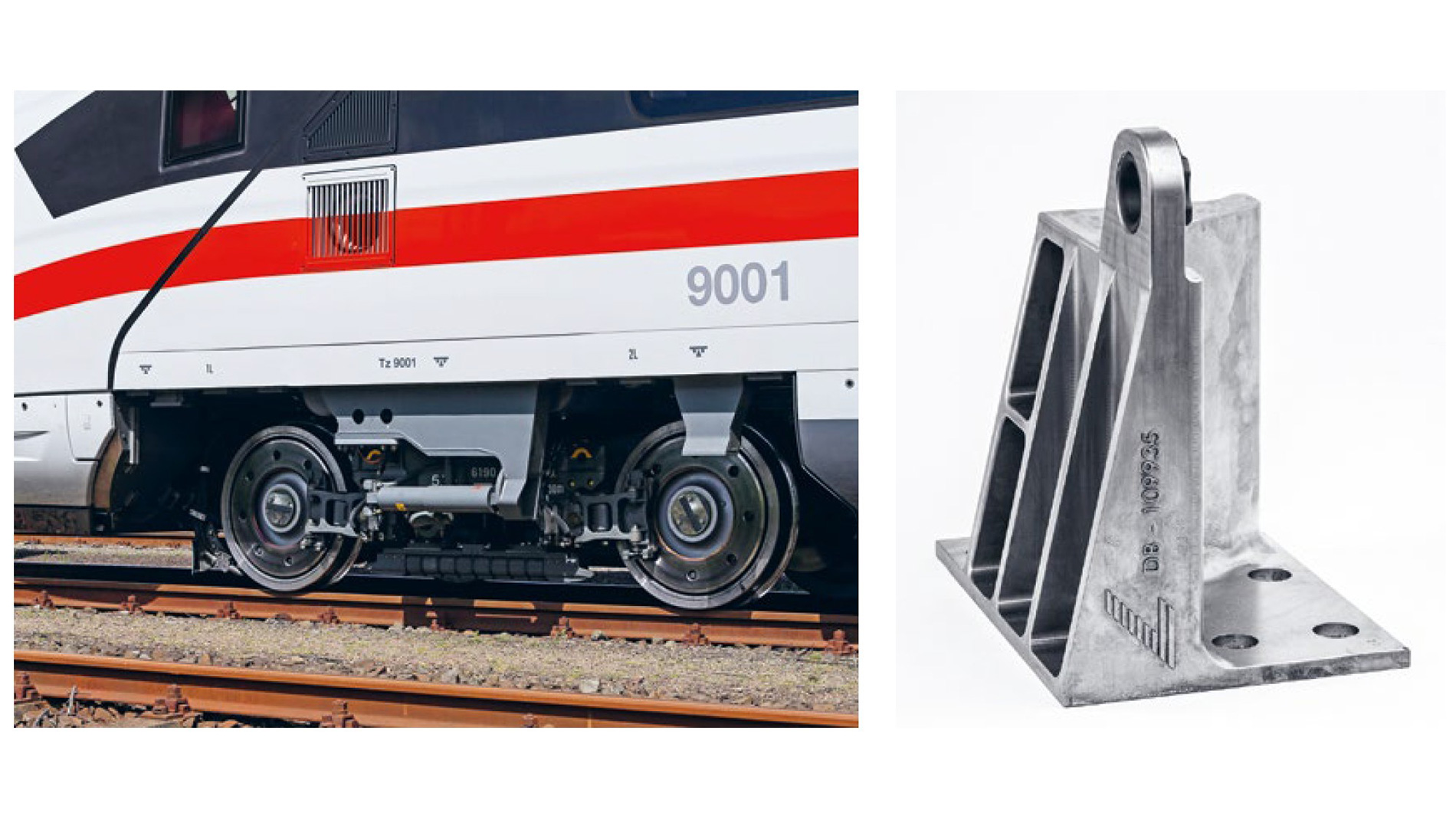 The yaw damper mounting bracket is a substantial metal component in the bogie assembly of an ICE train. Traditionally produced as a casting, this safety-critical part is essential for operation. By 3D printing the 27 kg stainless steel replacement component, the downtime of a damaged ICE 2 train was reduced from ten months to four. Images: MGA, Deutsche Bahn AG / Uwe Miethe